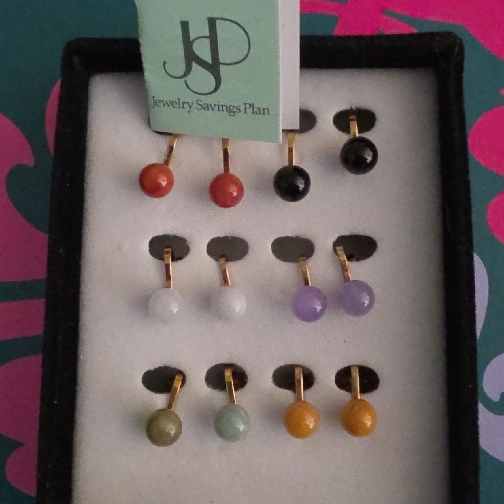 Multi-Color Real Dyed Jade Stone Stud Earrings - Set of 6 Pairs